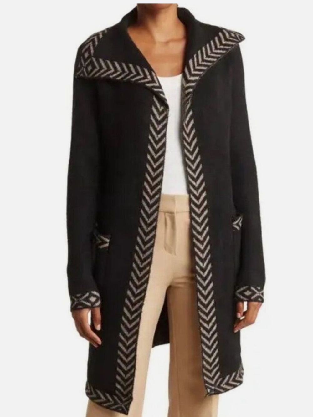 Max Studio Black Open-Front Cardigan with Cream Chevron Trim